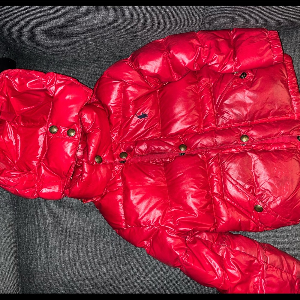 Red toddler Ralph Lauren Water-Repellent Glossed Down Jacket.